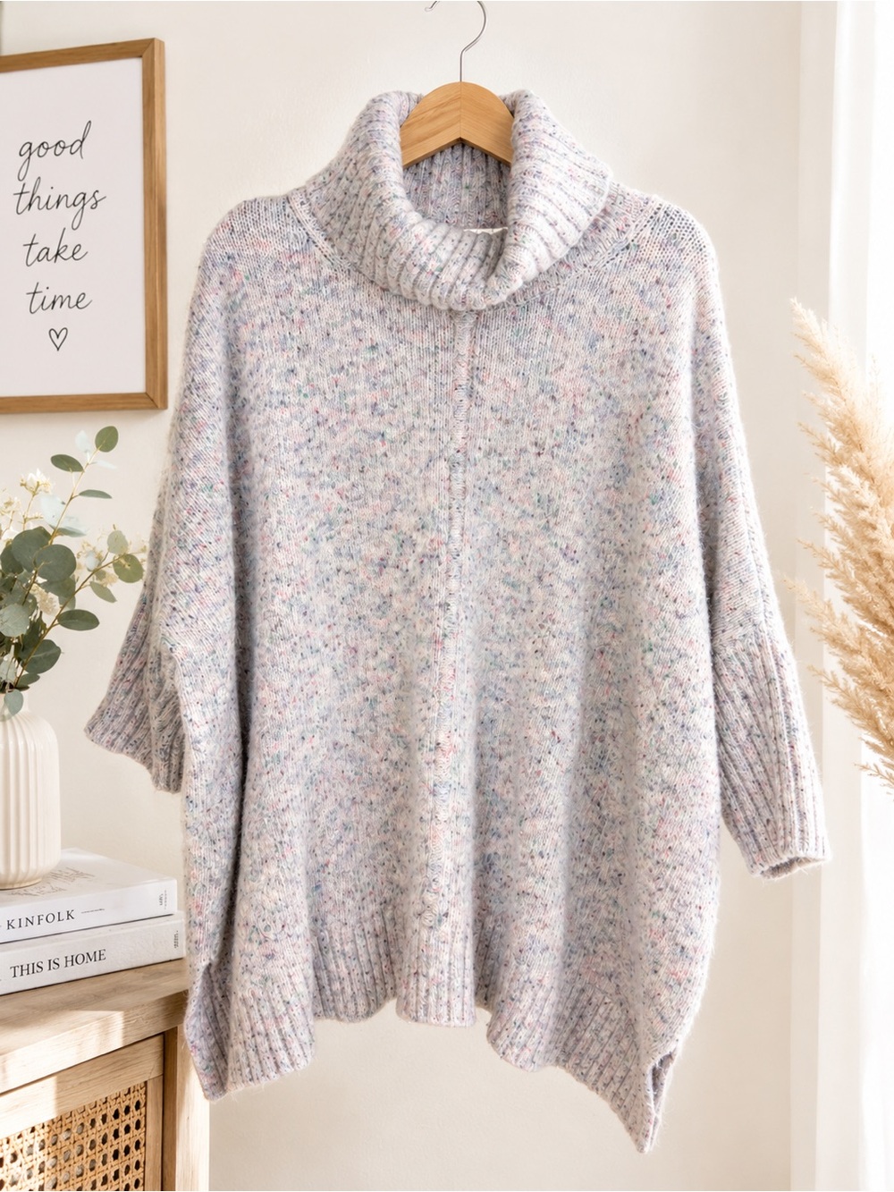 LOFT Speckled Light Gray Turtleneck Poncho Sweater